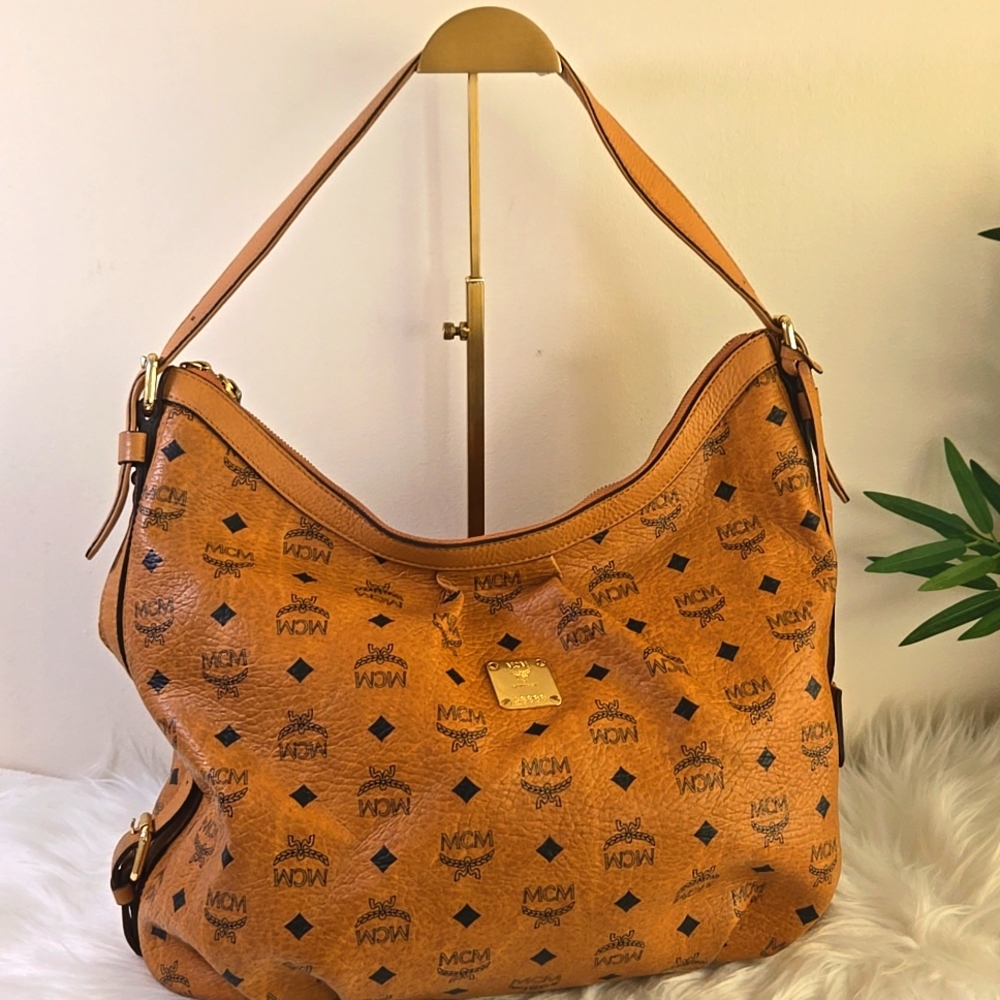 MCM Cognac Visetos Monogram Shoulder Hobo Bag with Gold Plaque